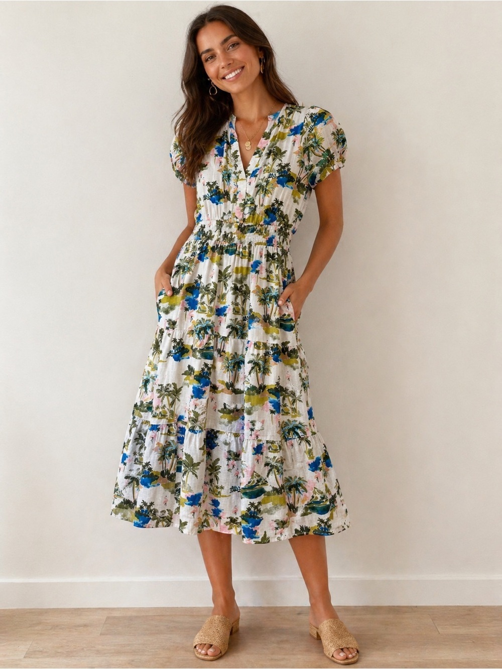 C by One Tropical Print Midi Dress Palm Tree Linen Blend Smocked Waist Medium